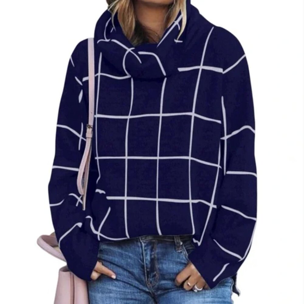J. Crew Navy & White Heavyweight Grid Turtleneck Sweater, size Medium